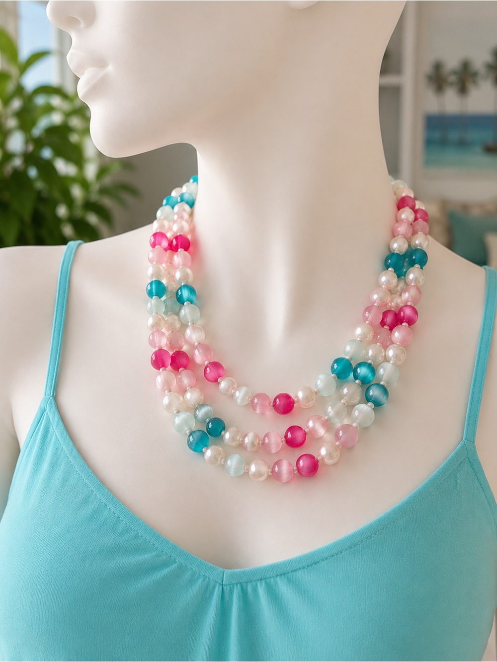 Vintage 3 Strand Cat’s Eye Lucite Faux Pearl Pastel Statement Necklace Retro